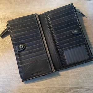 RFID Wallet by Jack Georges, Black Leather + Tan Stitching, Brown Stripe Lining